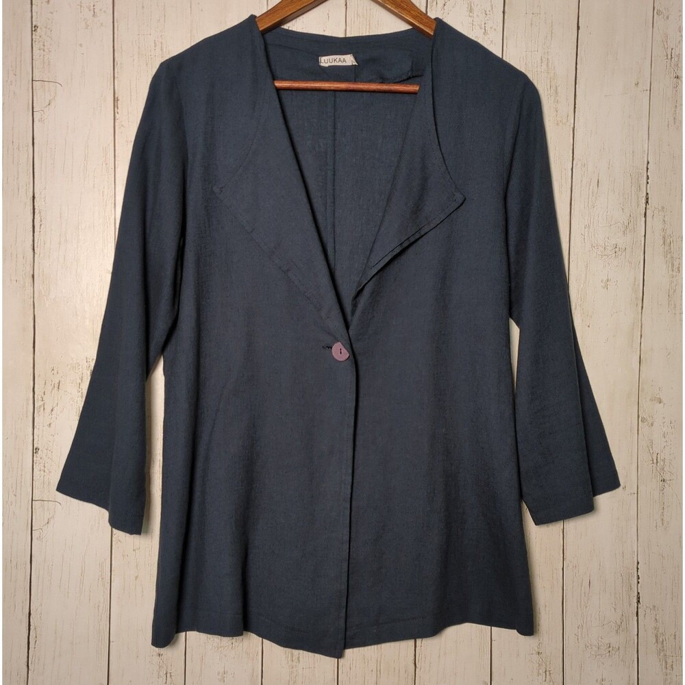 Blue Linen Blend Jacket Blazer Top Minimalist Lagen Womens 10 LUUKAA - Picture 10 of 12
